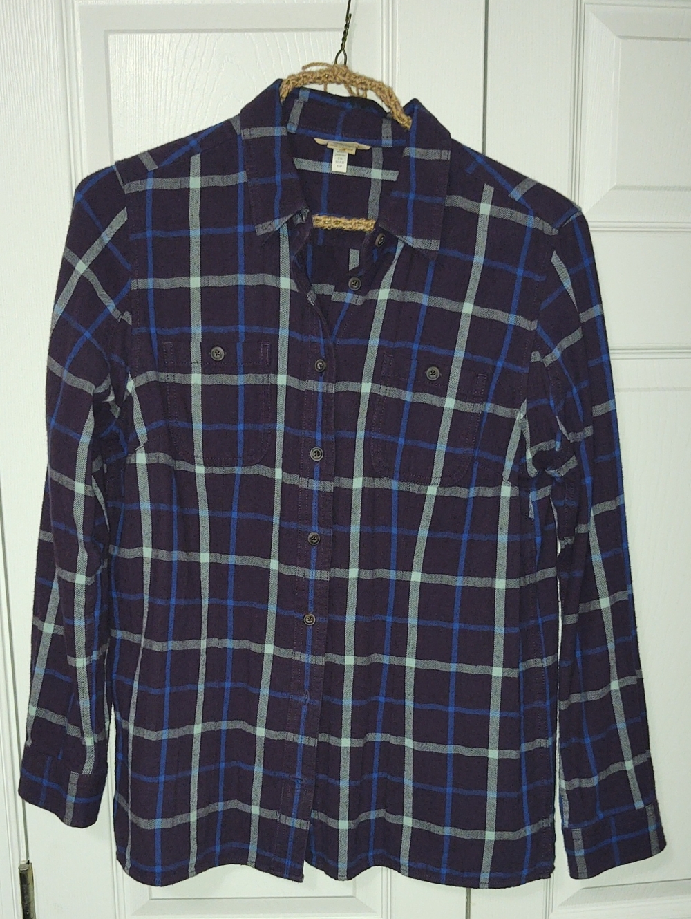 Duluth Trading Co Purple and Light Blue Plaid Flannel Shirt